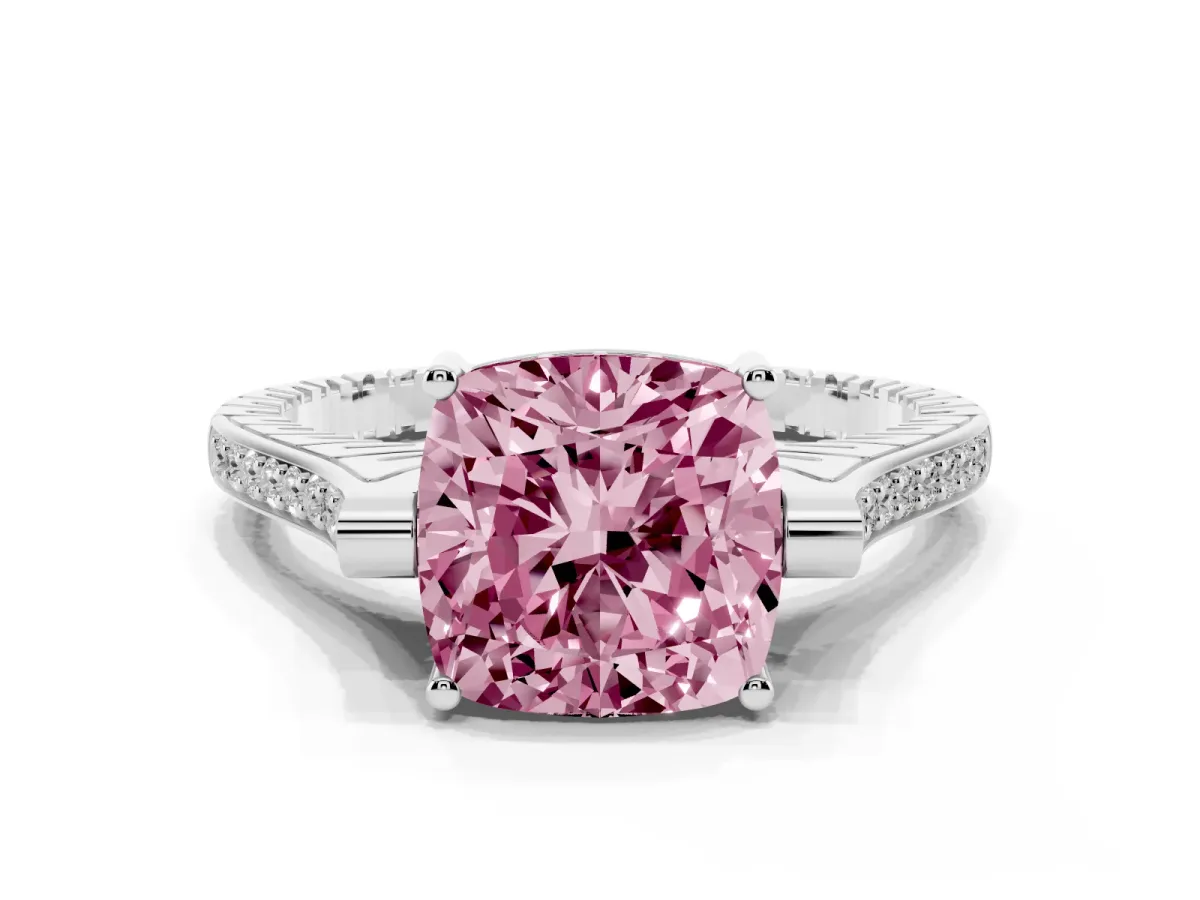 Fancy Pink Cushion Cut Solitaire Diamond Ring with Channel Set Band and Bezel Prong Setting Platinum