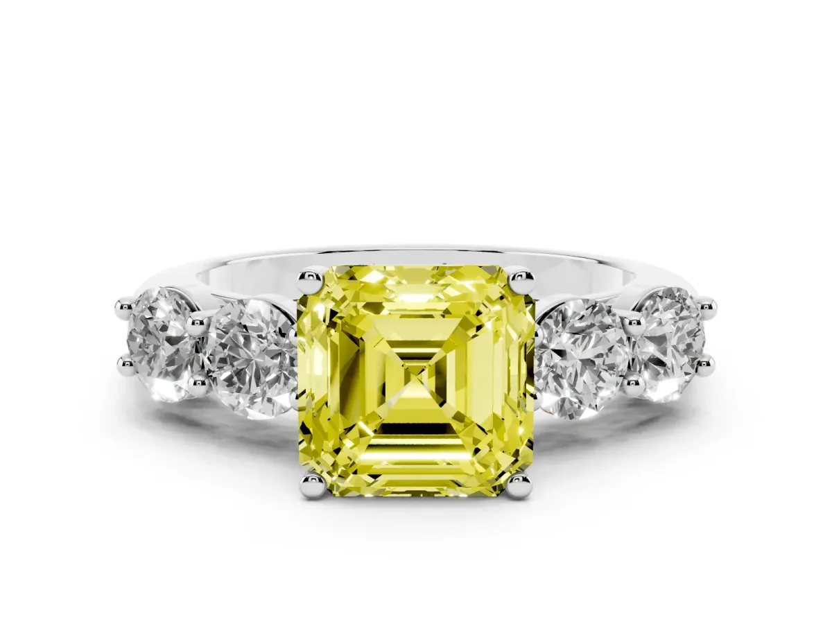 Fancy Yellow Asscher Cut Cut Five-Stone Prong Set Diamond Ring with Classic Band White gold