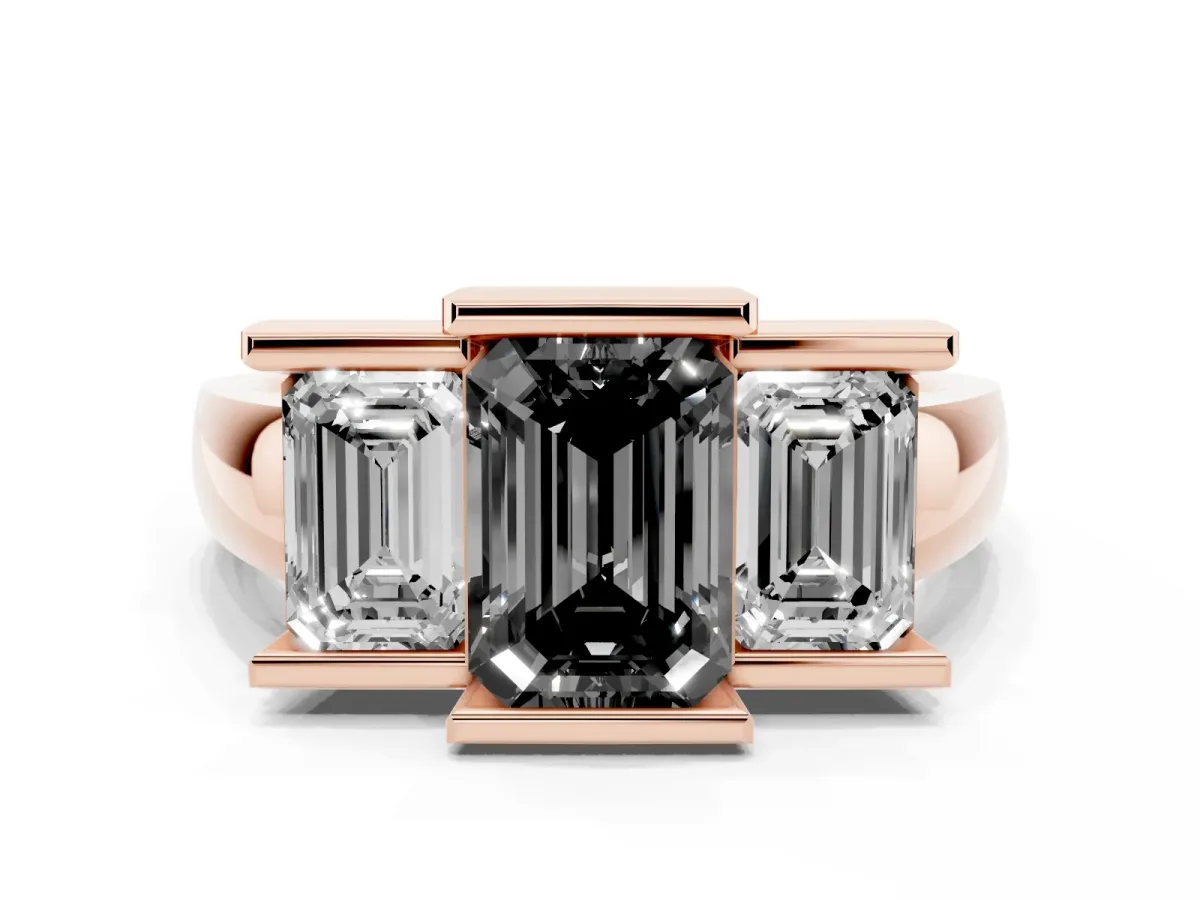 Fancy Black Three Stone Emerald Cut Cut Channel Set Diamond Ring Rose gold