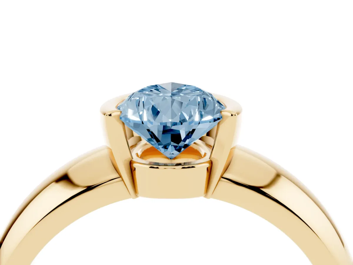 Fancy Blue Pear Cut Solitaire Tension Set Diamond Ring with Wide Band Yellow gold