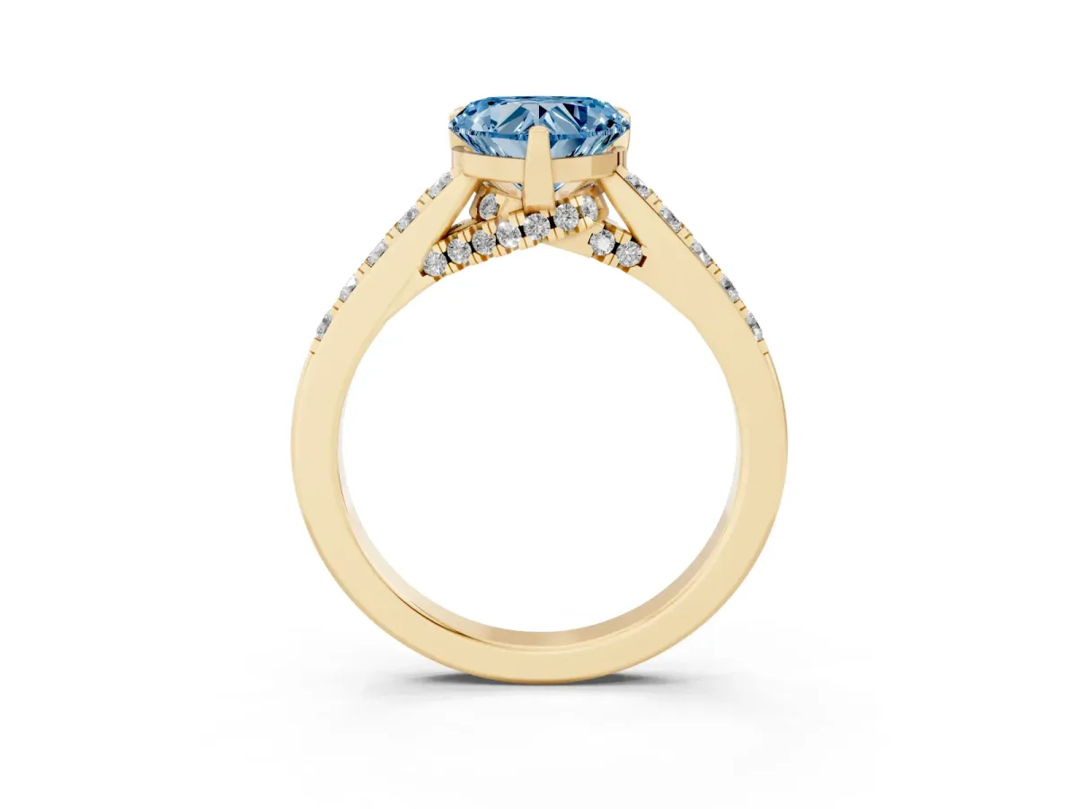 Fancy Blue Heart Cut Diamond Solitaire Ring with Crossover Gallery and Round Pavé Band Yellow gold