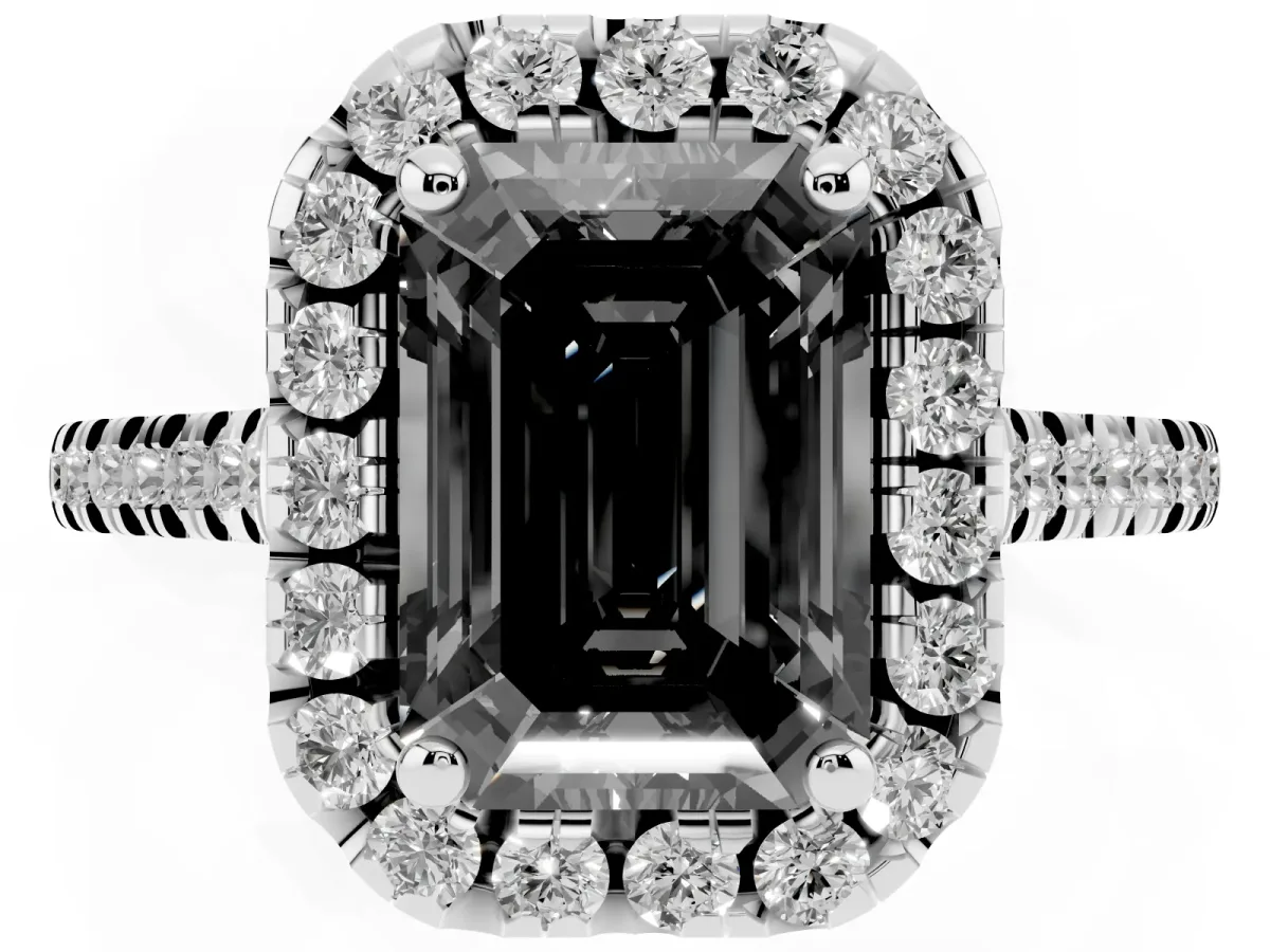 Fancy Black Emerald Cut Diamond Cushion Halo Ring with Pavé Band Silver