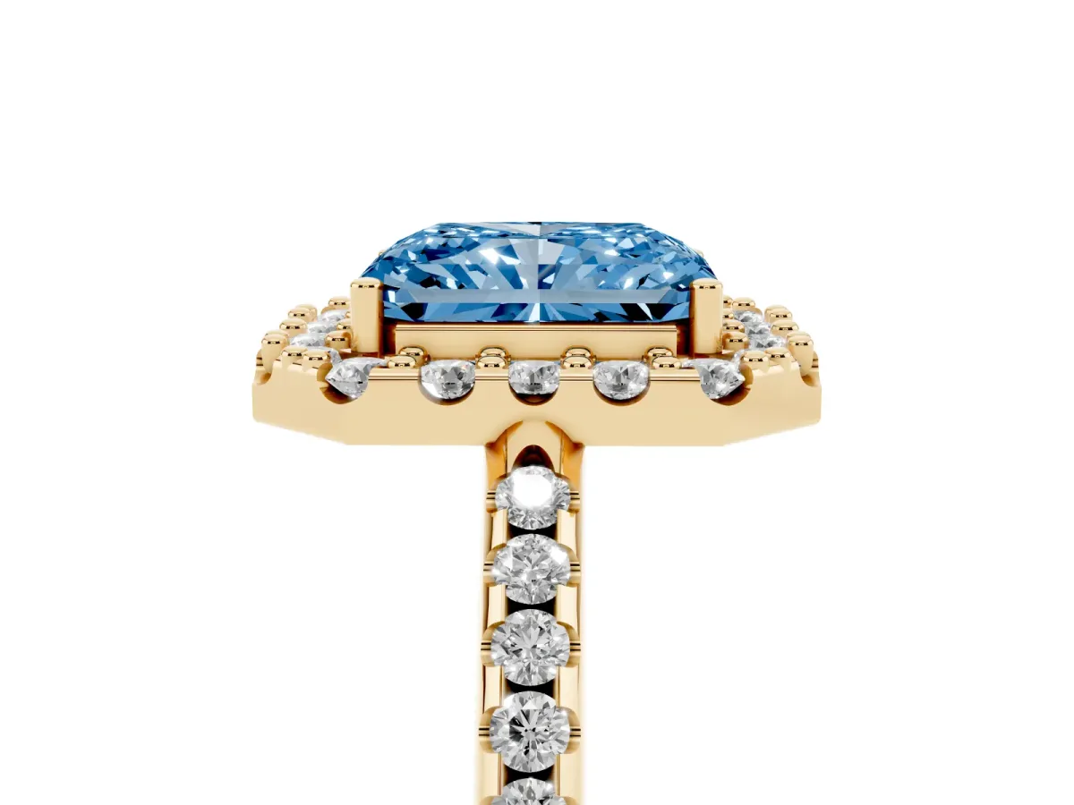 Fancy Blue Radiant Cut Diamond Pavé Halo Ring with Four-Prong Setting Yellow gold