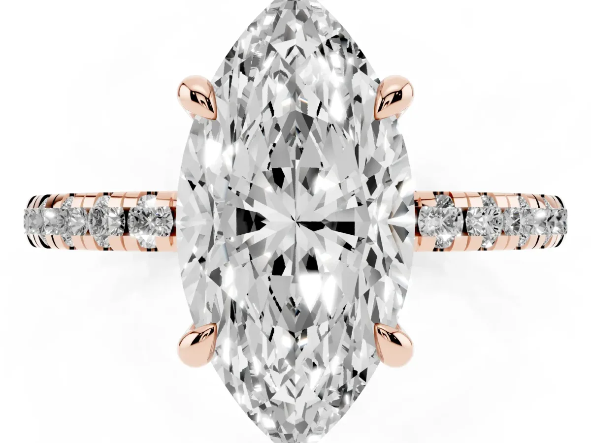 Marquise Cut Diamond Brilliant Solitaire Ring with Pavé Band and Four-Prong Setting Rose gold