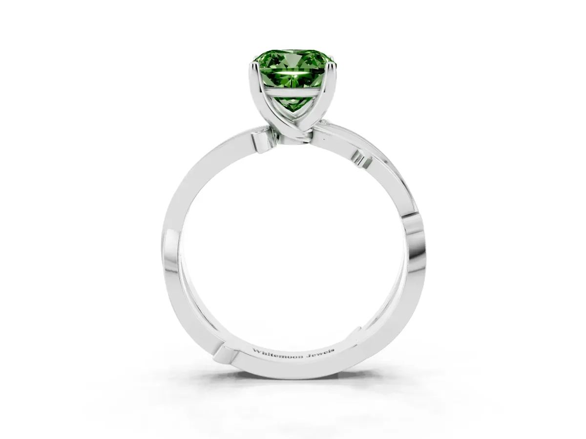 Fancy Green Cushion Cut Solitaire Twist Band with Pavé Accents and Four-Prong Setting Silver