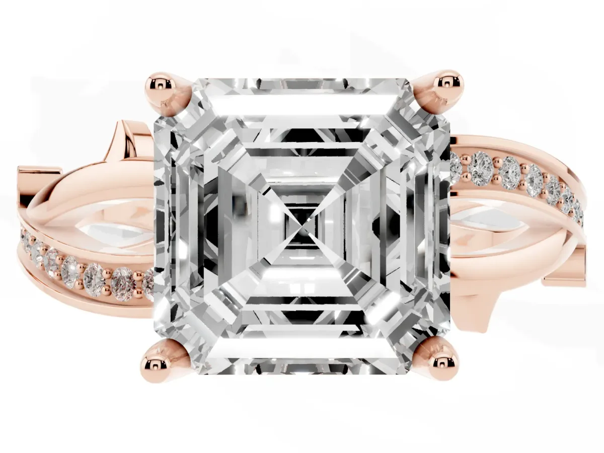 Asscher Cut Solitaire Twist Band with Pavé Accents and Four-Prong Setting Rose gold