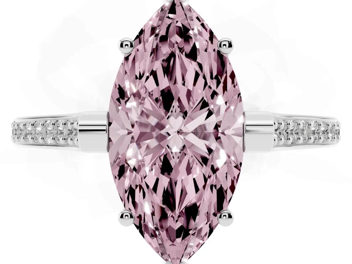 Fancy Pink Marquise Cut Solitaire Diamond Ring with Channel Set Band and Bezel Prong Setting Silver
