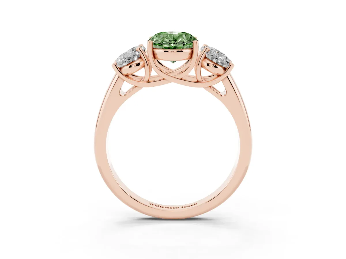 Fancy Green Three-Stone Oval Cut Diamond Engagement Ring with Prong Setting Rose gold