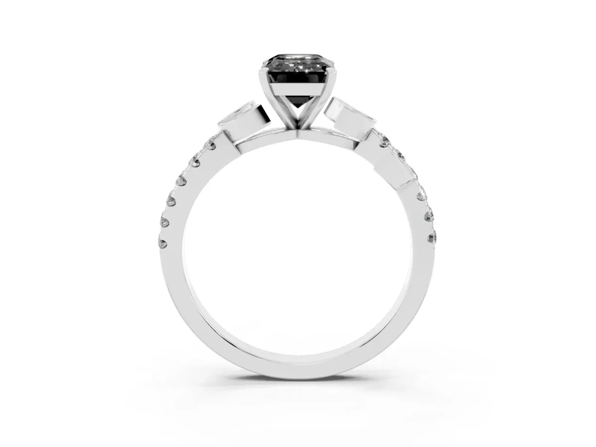 Fancy Black Emerald Cut Solitaire Leaf-Inspired Diamond Ring with Pavé Band and Four-Prong Setting Silver