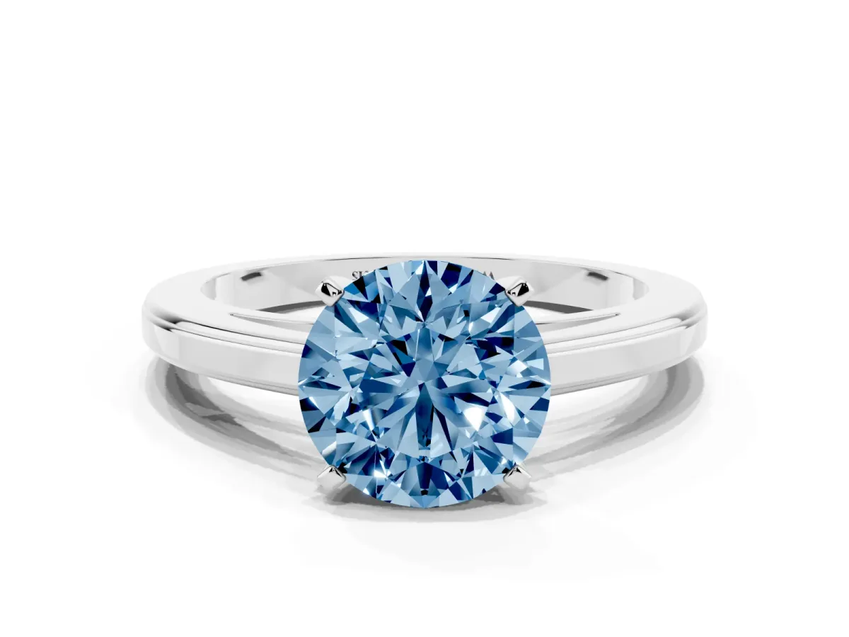 Fancy Blue Round Cut Solitaire Diamond Ring with Four-Prong Setting and Classic Band White gold