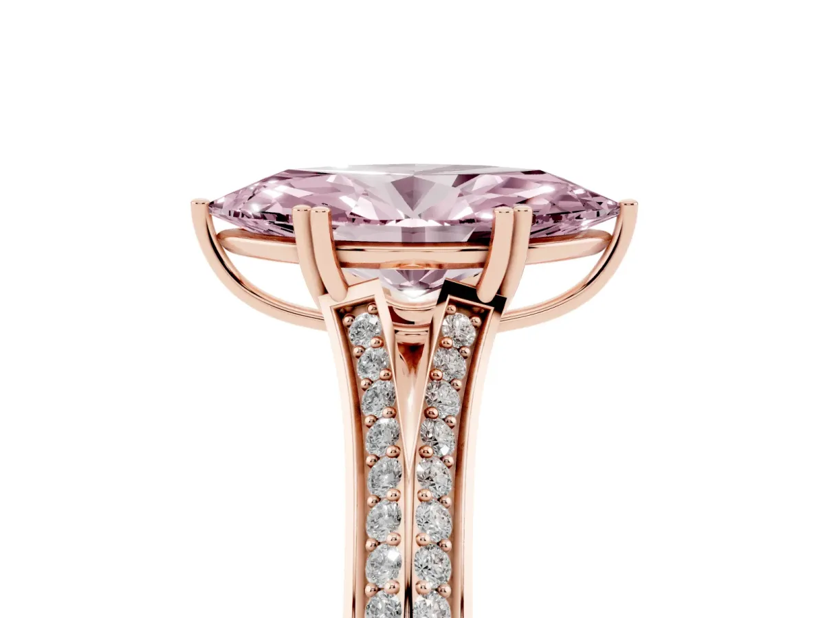 Fancy Pink Marquise Cut Diamond Split Shank Engagement Ring with Pavé Band Rose gold