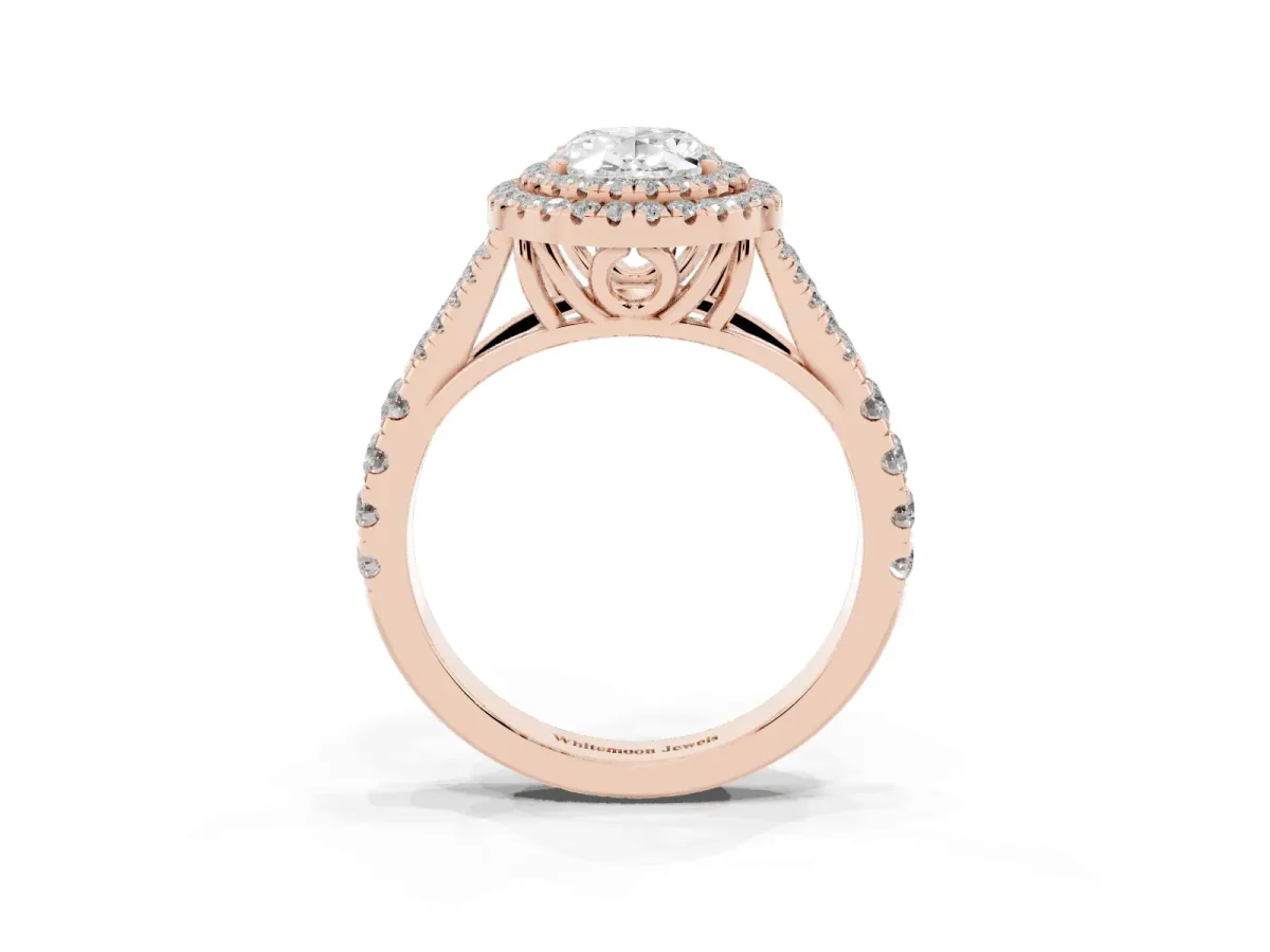 Oval Cut Cut Double Halo Split Shank Diamond Ring with Prong Setting Rose gold