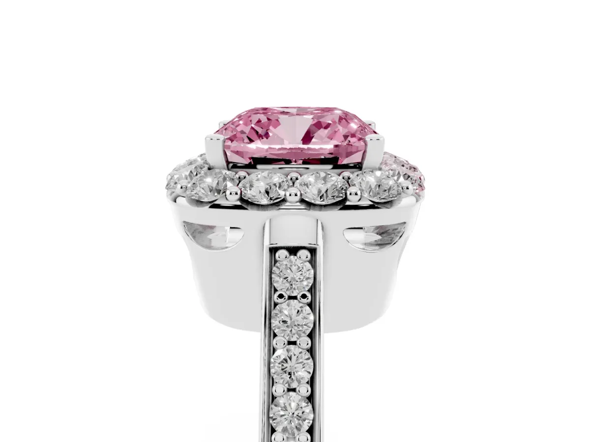 Fancy Pink Cushion Cut Diamond Floral Halo Ring with Pavé Band and Prong Setting White gold