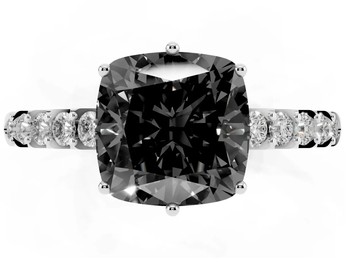 Fancy Black Cushion Cut Solitaire Diamond Engagement Ring with Pavé Band and Six-Prong Setting Platinum