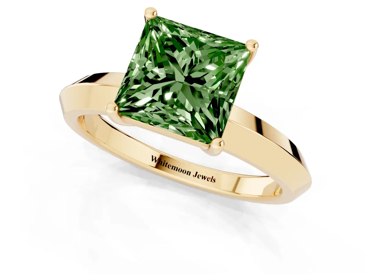 Fancy Green Princess Cut Cut Solitaire Engagement Ring with Flat Band and Four-Prong Setting Yellow gold