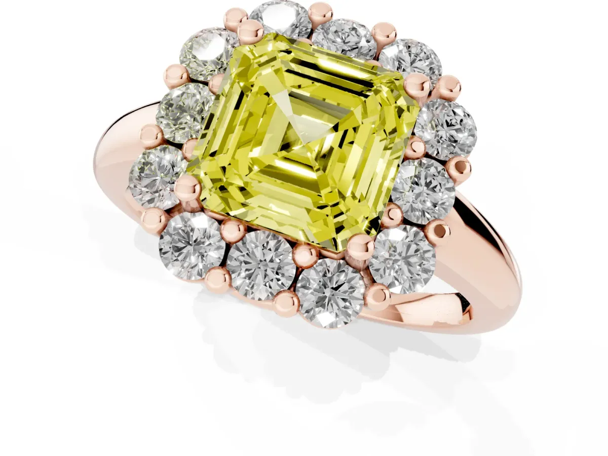 Fancy Yellow Asscher Cut Halo Cluster Diamond Engagement Ring with Prong Setting and Polished Band Rose gold