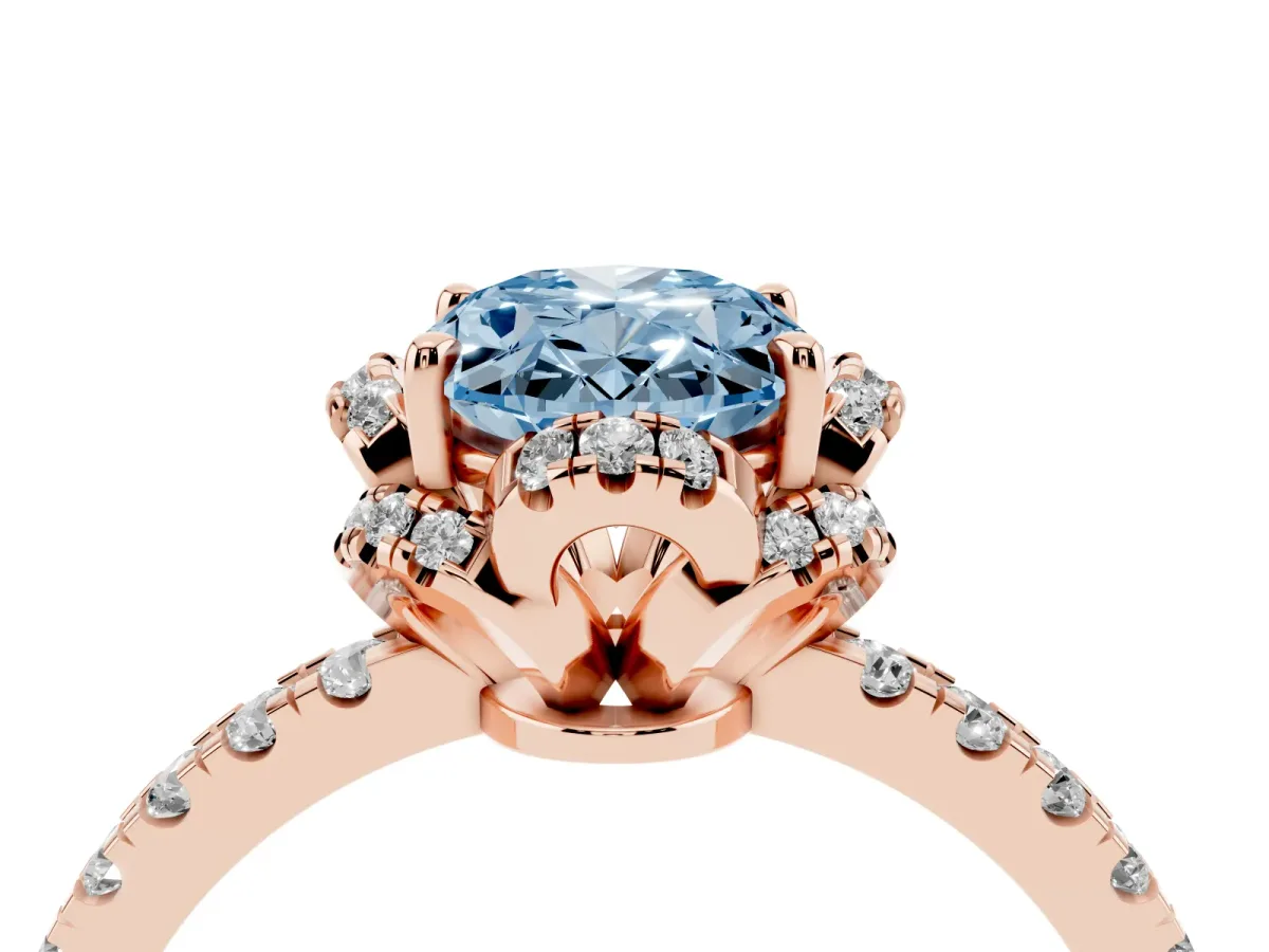 Fancy Blue Oval Cut Halo Diamond Pave Band Ring with Four-Prong Setting Rose gold