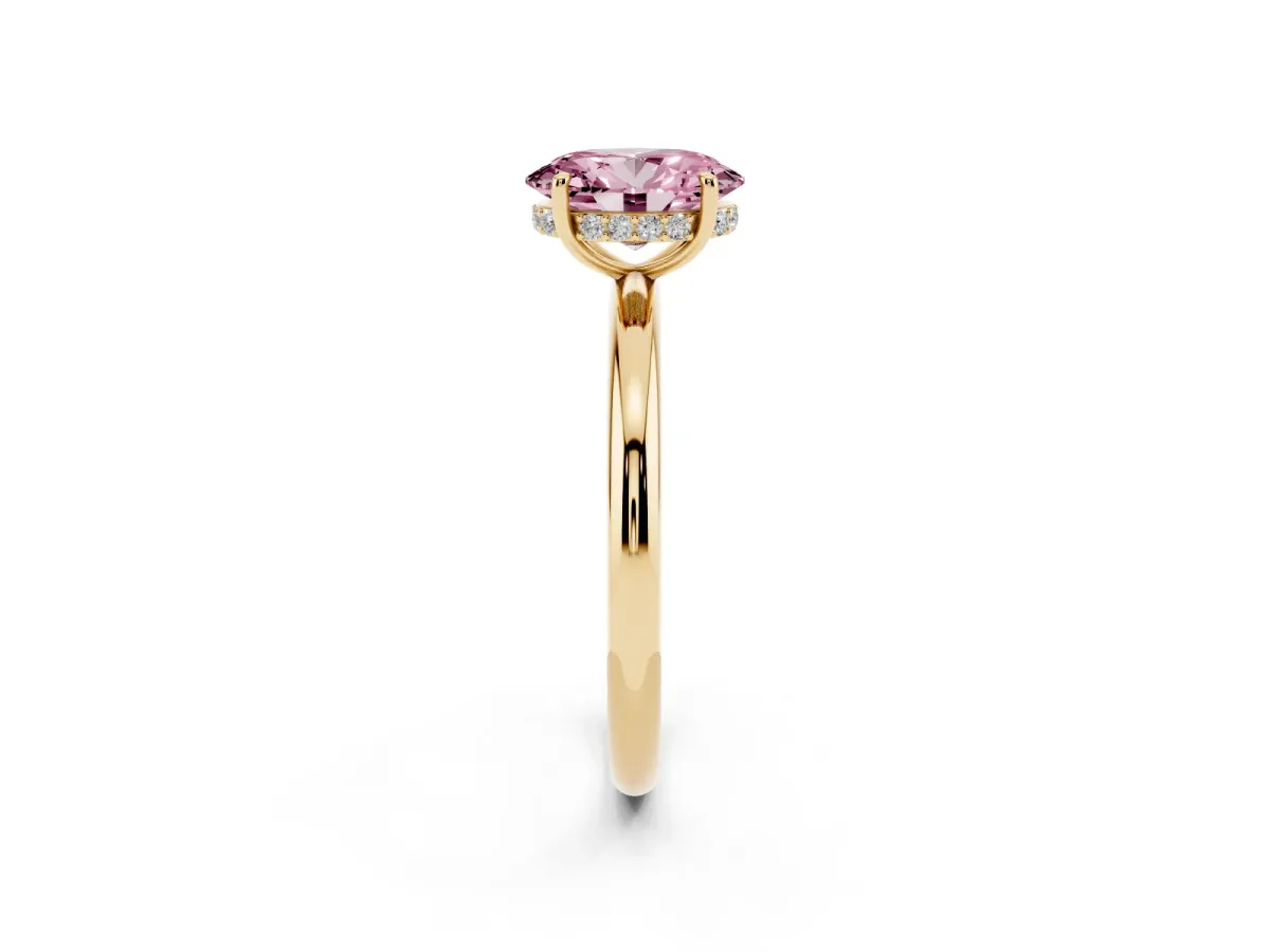 Fancy Pink Oval Cut Diamond Solitaire Ring with Thin Band and Four-Prong Setting Yellow gold
