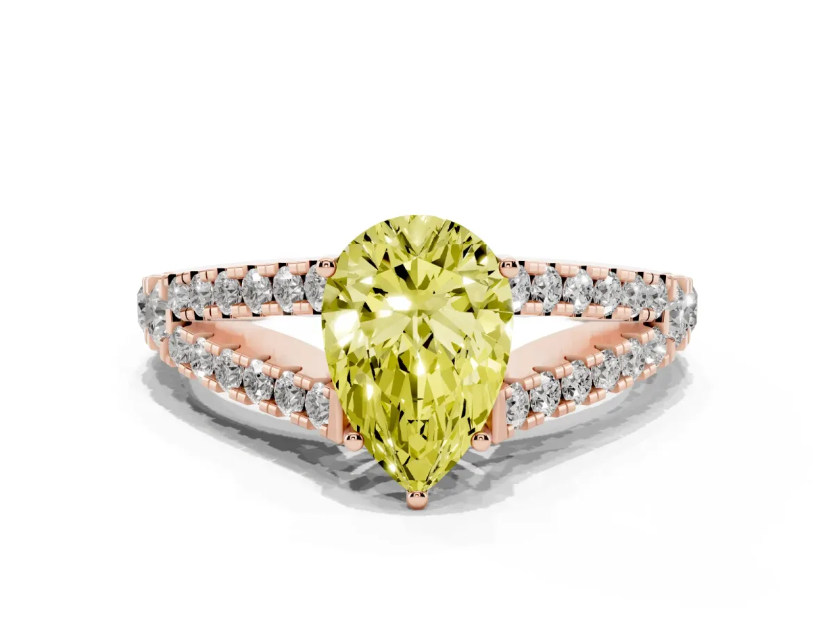 Fancy Yellow Pear Cut Diamond Split Shank Engagement Ring with Round Pavé and Prong Setting Rose gold