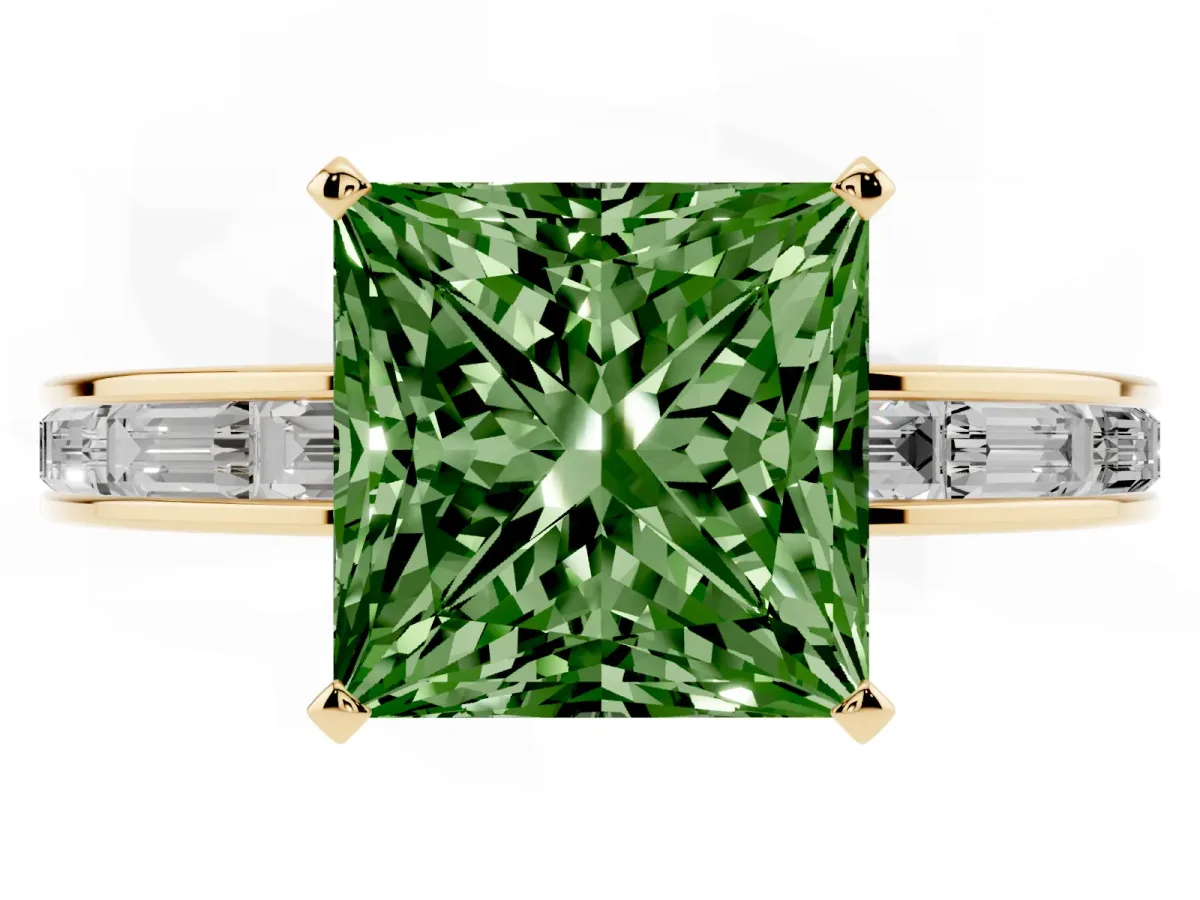 Fancy Green Princess Cut Solitaire Diamond Ring with Channel-Set Baguette Band and Four-Prong Setting Yellow gold