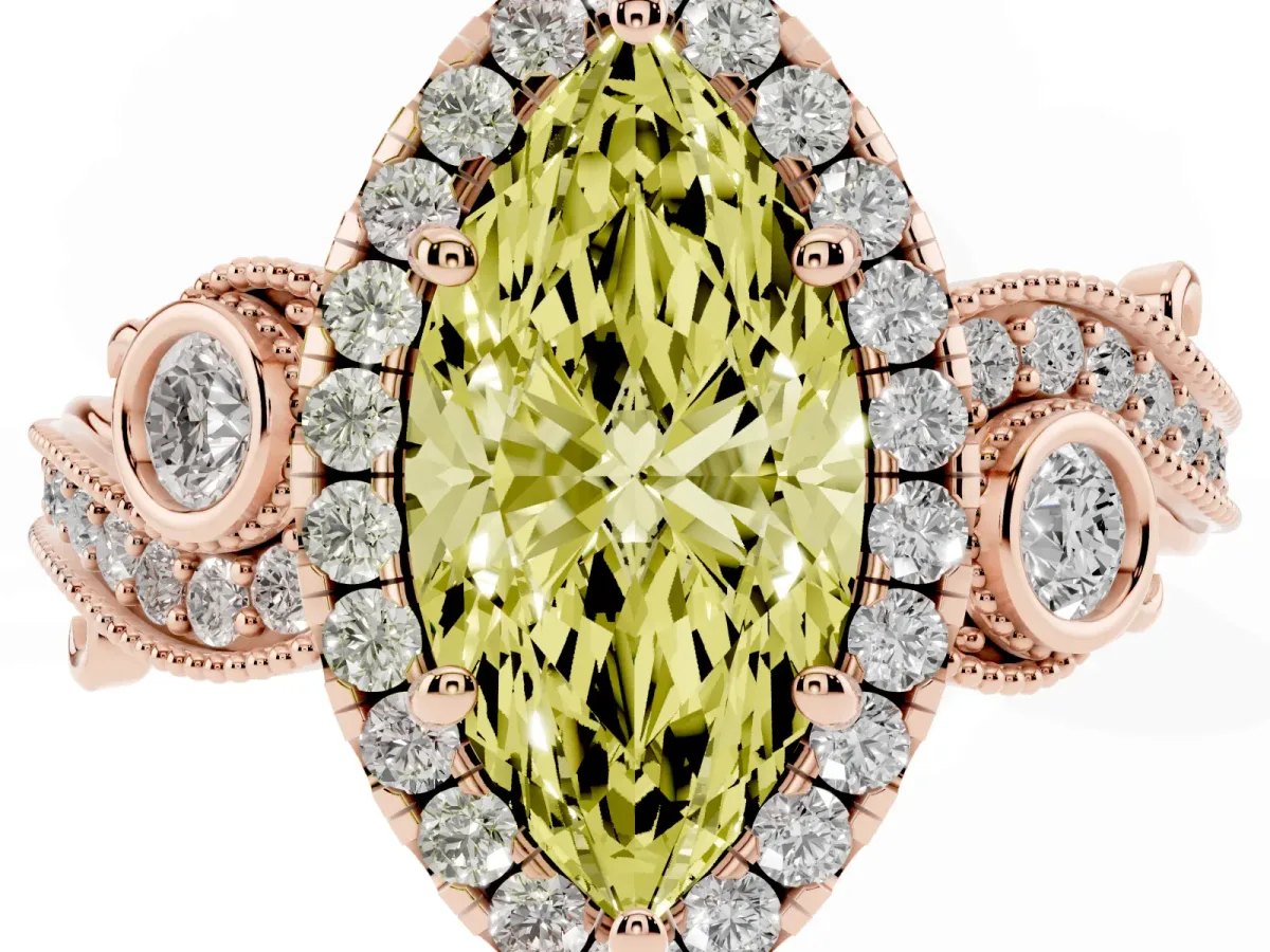 Fancy Yellow Marquise Cut Diamond Halo Ring with Milgrain Pavé Band and Four-Prong Setting Rose gold