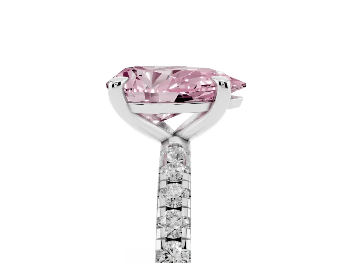 Fancy Pink Pear Cut Diamond Brilliant Solitaire Ring with Pavé Band and Four-Prong Setting Platinum