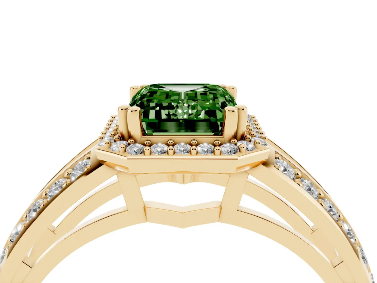 Fancy Green Emerald Cut Diamond Halo Ring with Split Shank Pavé Band and Four-Prong Setting Yellow gold