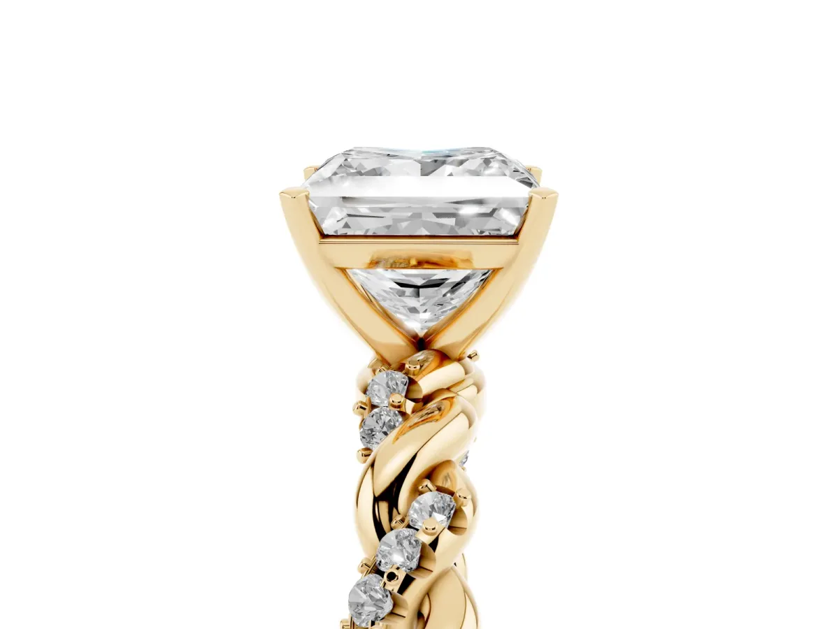 Princess Cut Diamond Solitaire Ring with Twisted Band and Pavé Accents Yellow gold