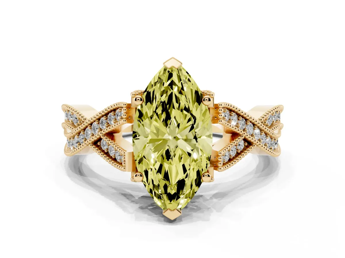 Fancy Yellow Marquise Cut Cut Diamond Twisted Band with Milgrain Pave Setting and Four-Prong Setting Yellow gold