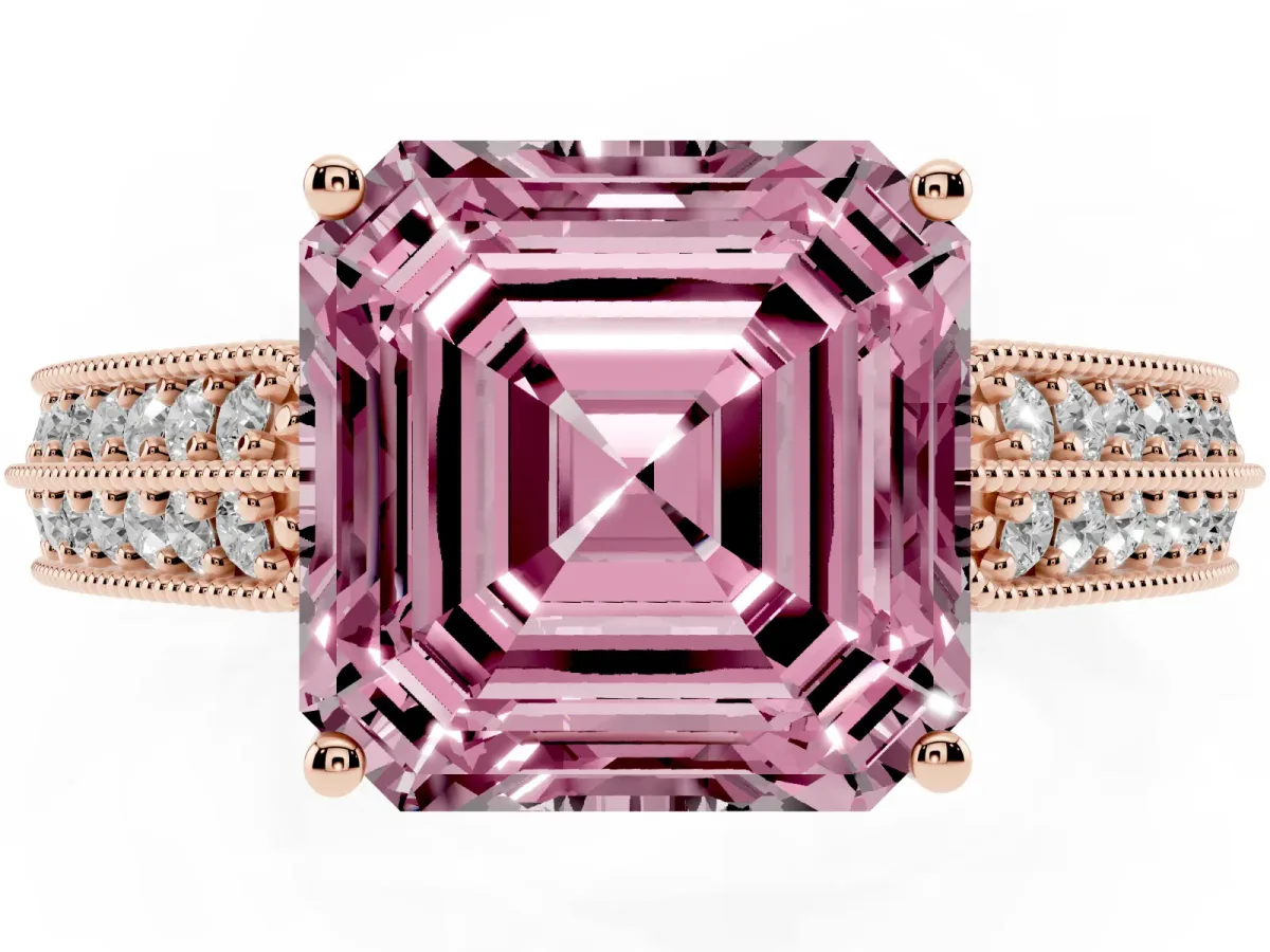 Fancy Pink Asscher Cut Cut Pave Split Shank Engagement Ring with Four-Prong Setting Rose gold