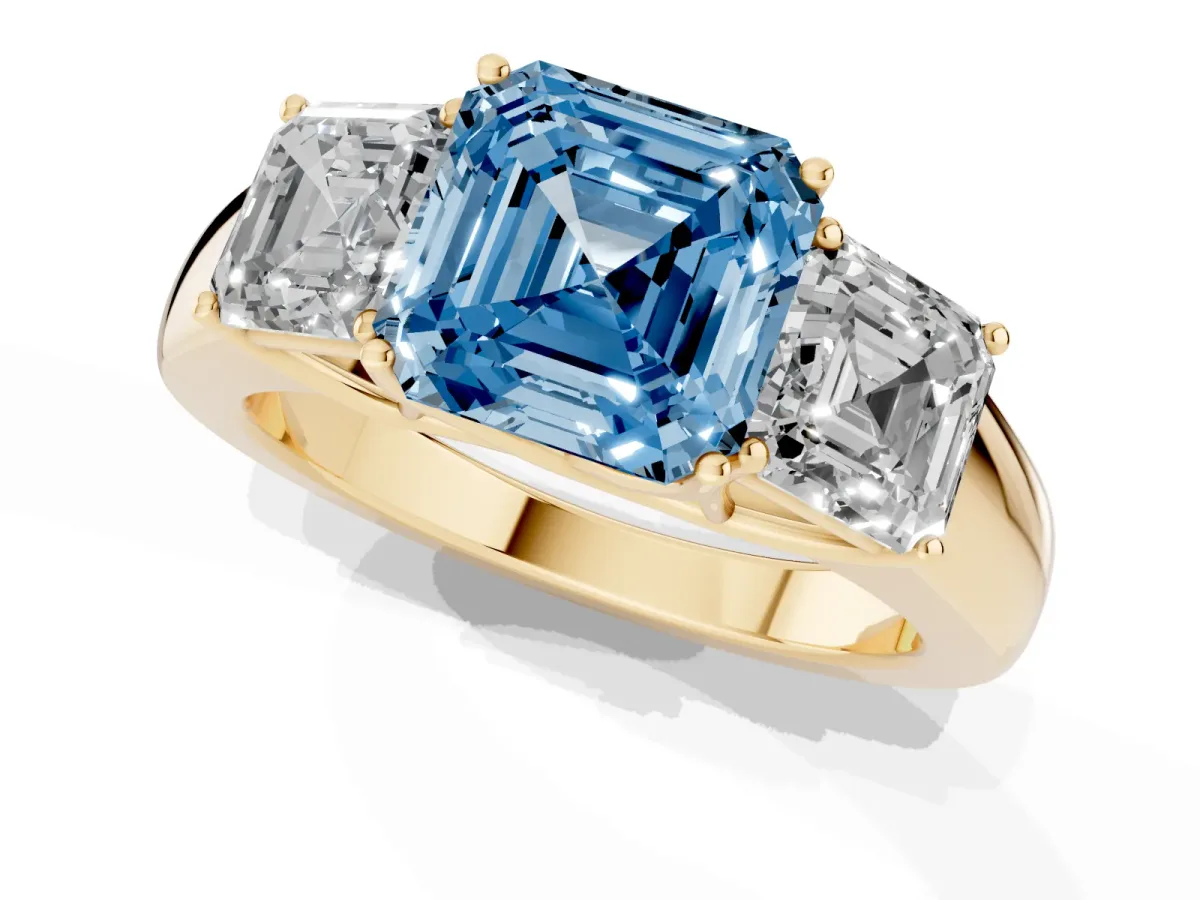 Fancy Blue Three-Stone Asscher Cut Cut Diamond Ring with Prong Setting and Classic Band Yellow gold