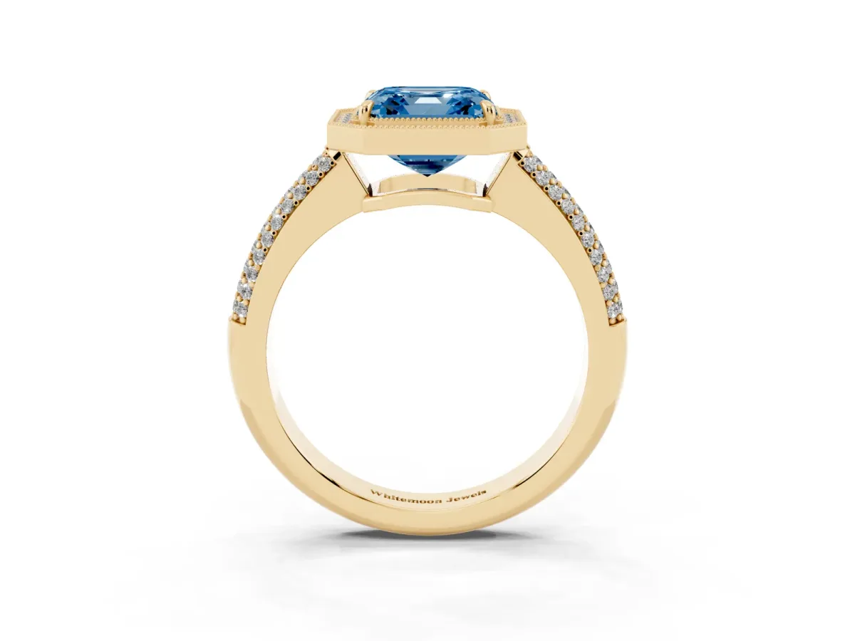 Fancy Blue Asscher Cut Cut Halo Diamond Pave Band with Four-Prong Setting Yellow gold