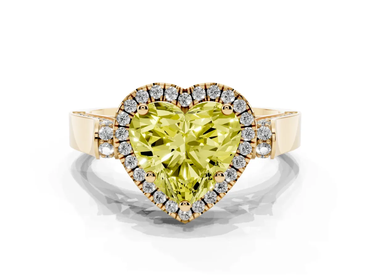 Fancy Yellow Heart Cut Halo Round Diamond Twist Band with Four-Prong Setting Yellow gold