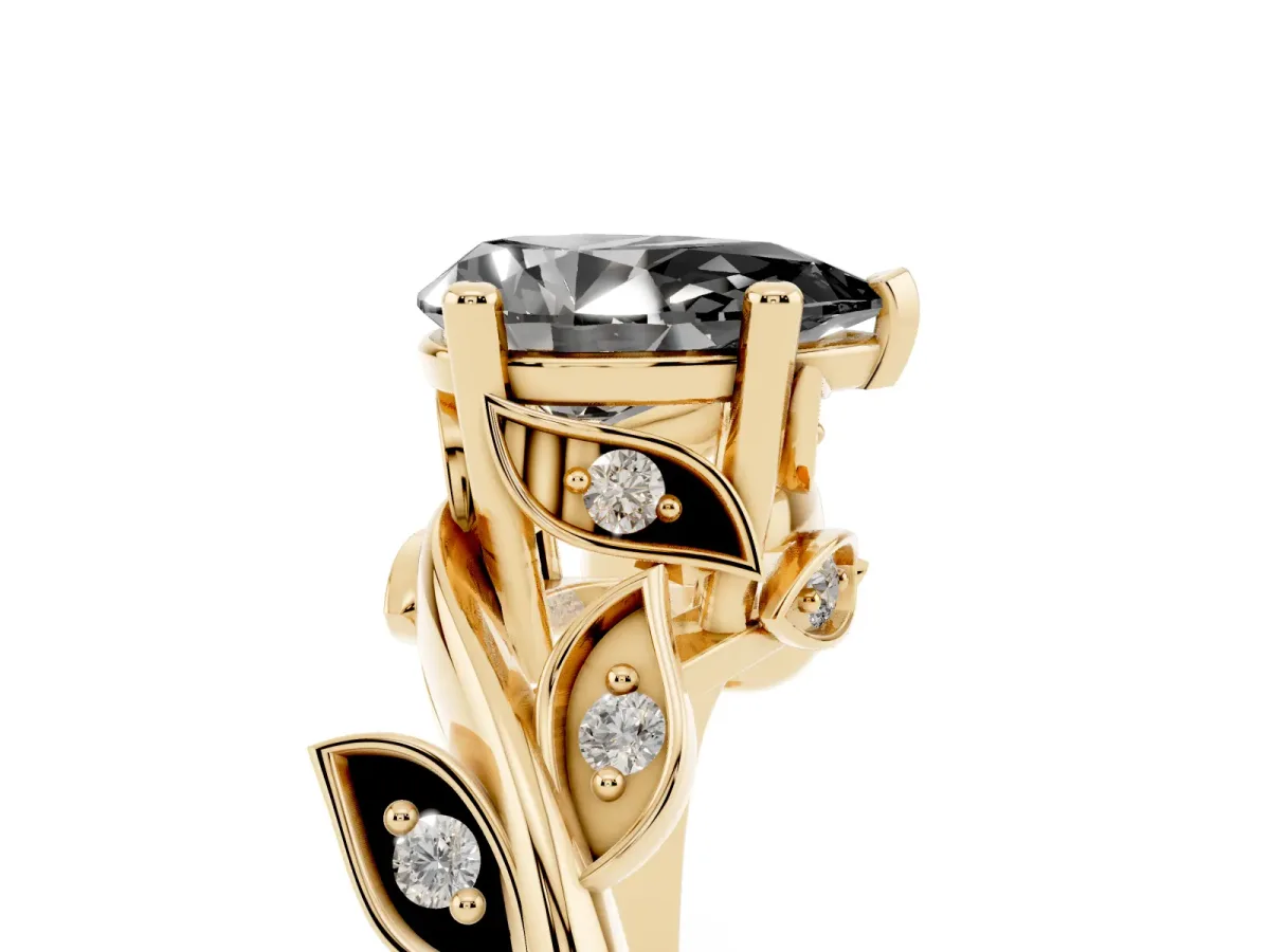 Fancy Black Pear Cut Solitaire Twist Engagement Ring with Leaf Accents and Prong Setting Yellow gold