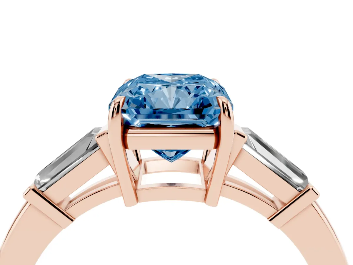 Fancy Blue Radiant Cut Diamond Three-Stone Ring with Tapered Baguette Side Stones and Prong Setting Rose gold