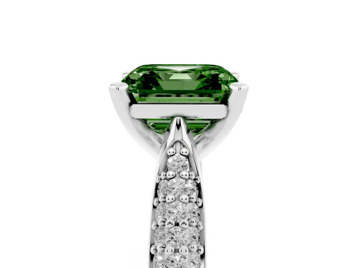 Fancy Green Asscher Cut Diamond Solitaire Engagement Ring with Multi-Row Round Pavé Band and Prong Setting Silver