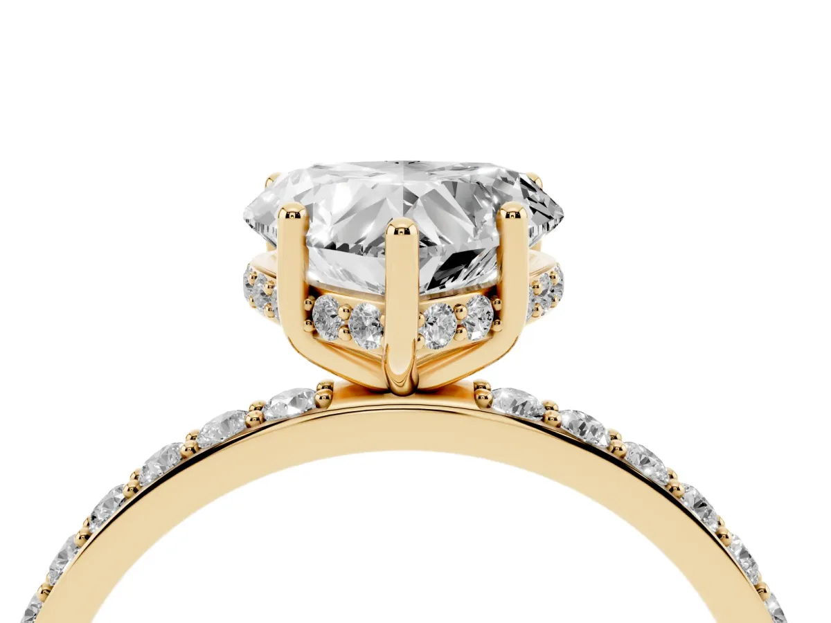 Heart Cut Diamond Solitaire Ring with Pavé Band and Hidden Halo Yellow gold