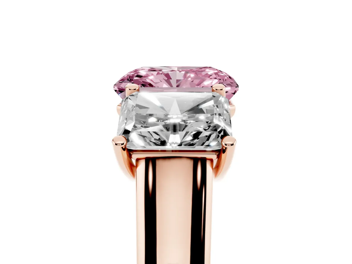 Fancy Pink Radiant Cut Three-Stone Diamond Ring with Prong Setting on a Classic Band Rose gold