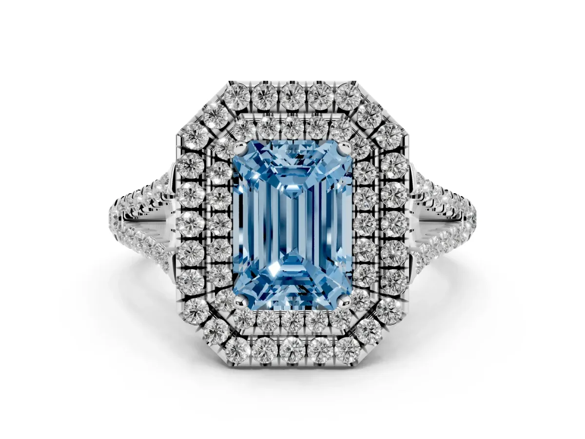 Fancy Blue Emerald Cut Diamond Double Halo Ring with Pavé Band and Prong Setting Silver