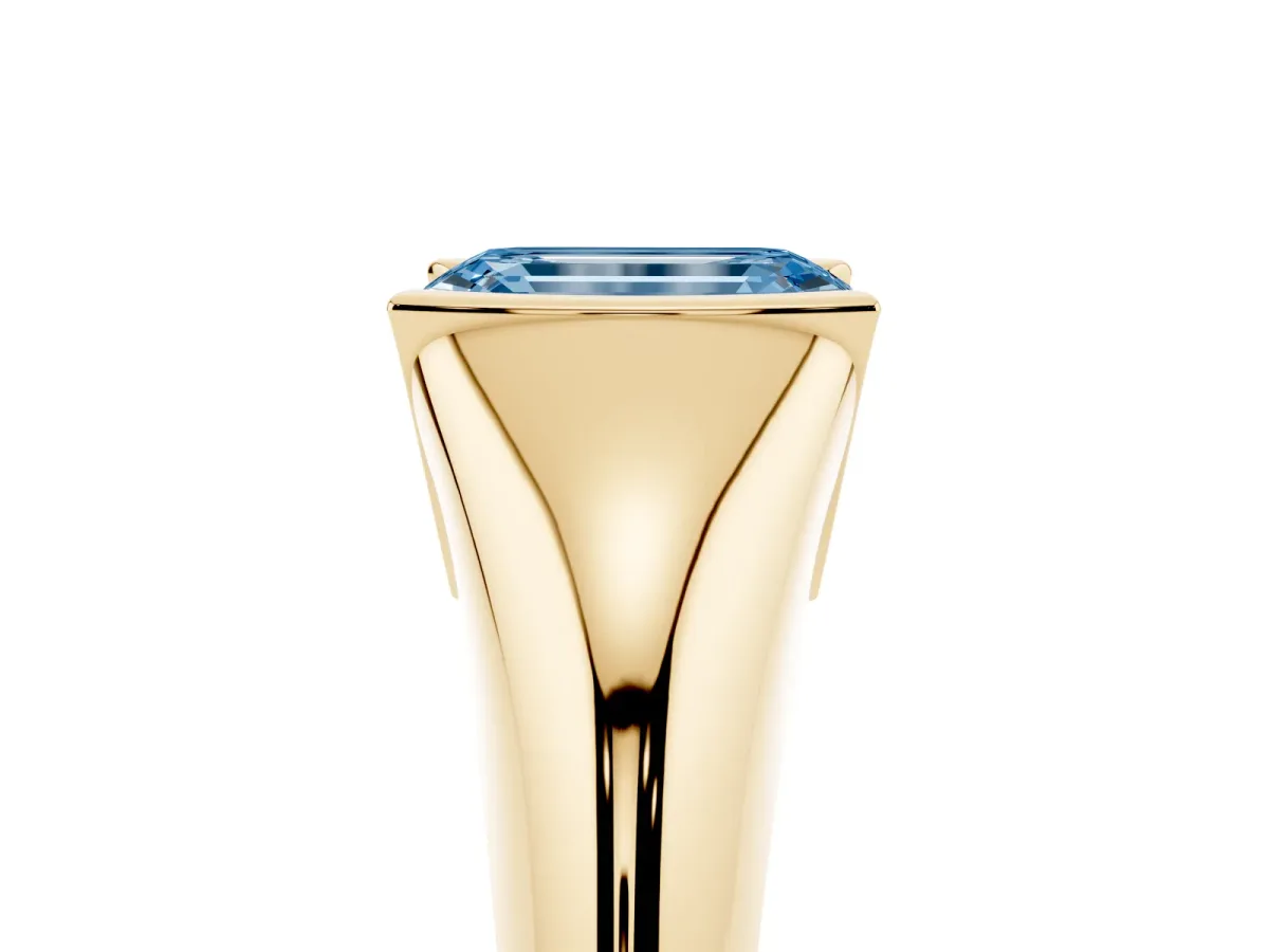 Fancy Blue Emerald Cut Solitaire Tension Set Diamond Ring Yellow gold