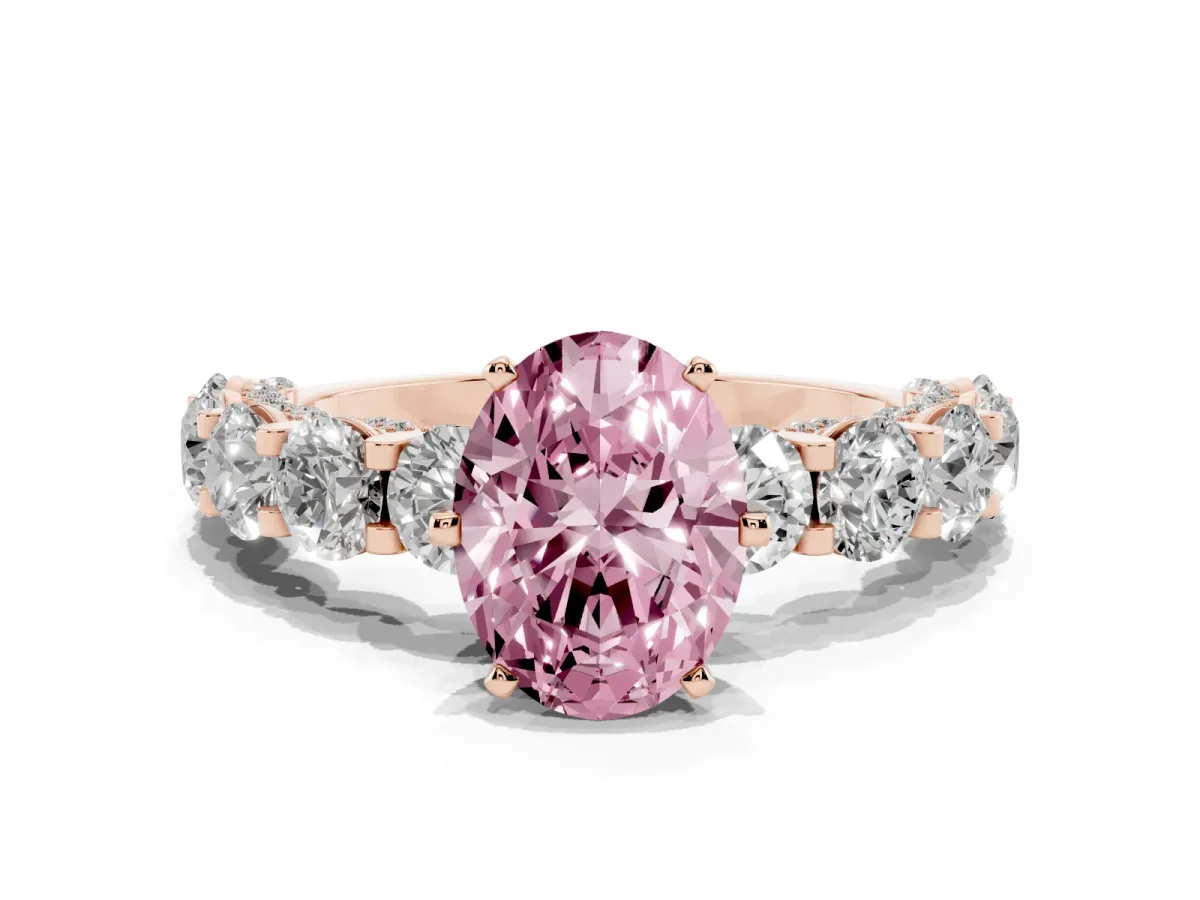 Fancy Pink Oval Cut Diamond Side Stone Engagement Ring with Four-Prong Setting Rose gold