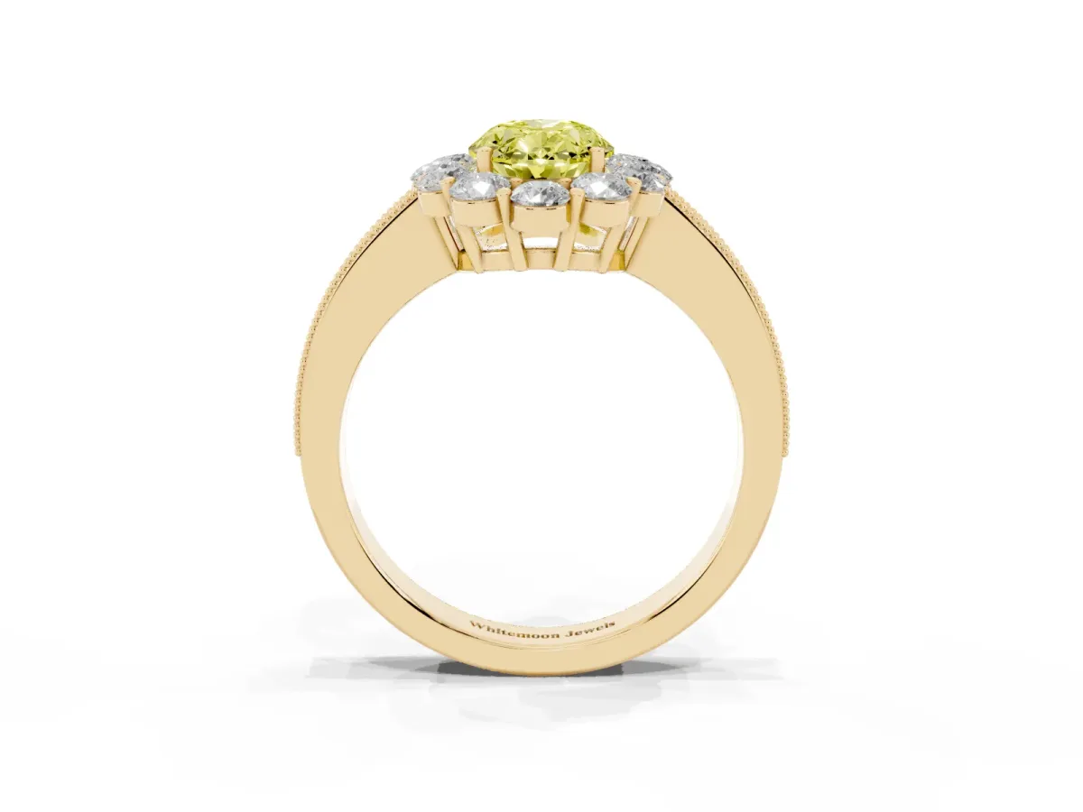 Fancy Yellow Oval Cut Cut Halo Diamond Pavé Engagement Ring with Milgrain Detailing Yellow gold
