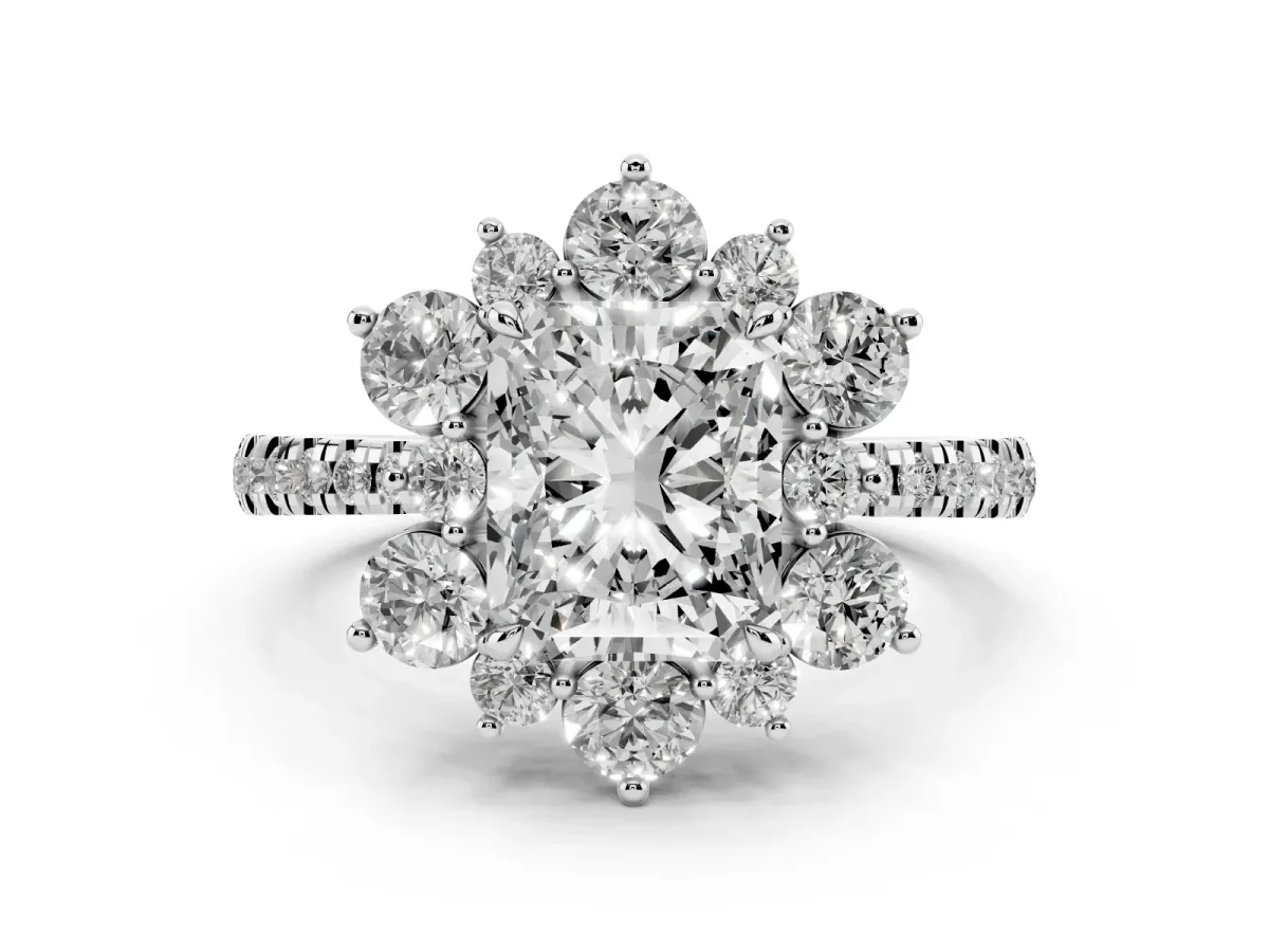 Radiant Cut Diamond Floral Halo Ring with Round Pavé Band and Prong Setting White gold