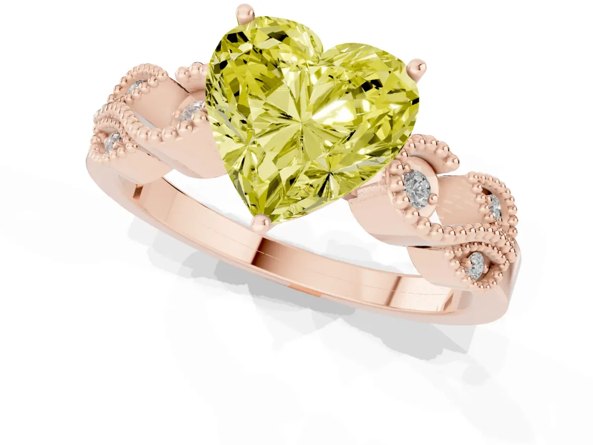 Fancy Yellow Heart Cut Solitaire Milgrain Leaf Band with Prong Setting Rose gold