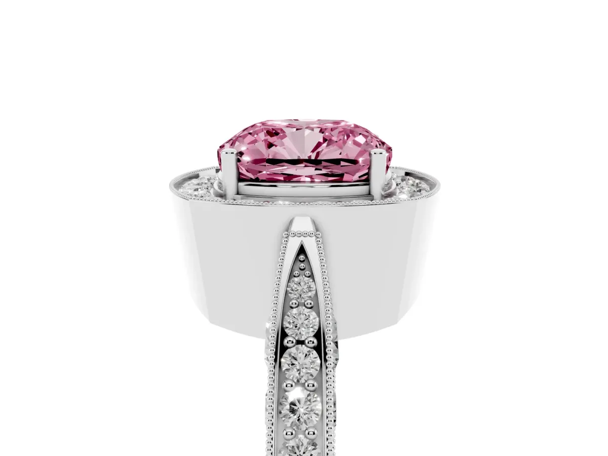 Fancy Pink Cushion Cut Halo Diamond Engagement Ring with Split Shank Band and Four-Prong Setting Silver