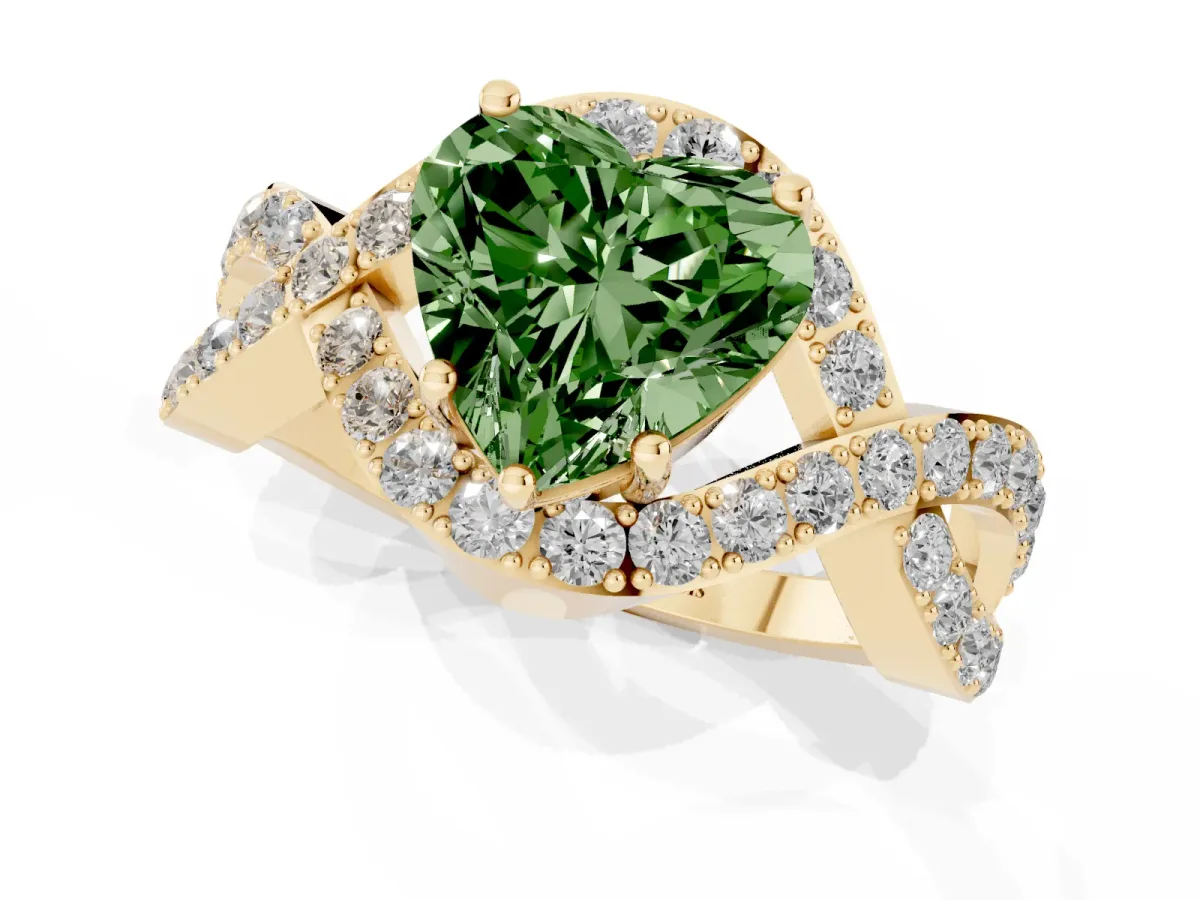 Fancy Green Heart Cut Solitaire Twist Band Pavé Diamond Engagement Ring Yellow gold