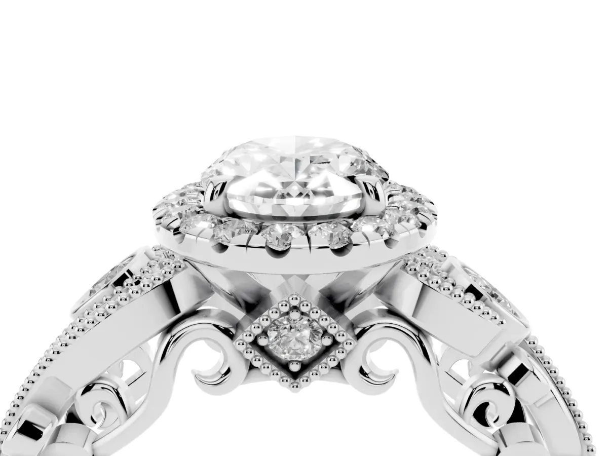 Oval Cut Halo Diamond Ring with Milgrain and Bezel Accents on a Split Shank Band Silver