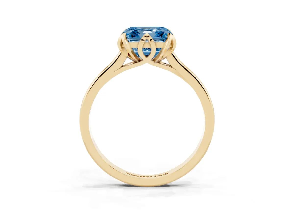 Fancy Blue Asscher Cut Diamond Solitaire Ring with Flower Prong Setting and Classic Band Yellow gold