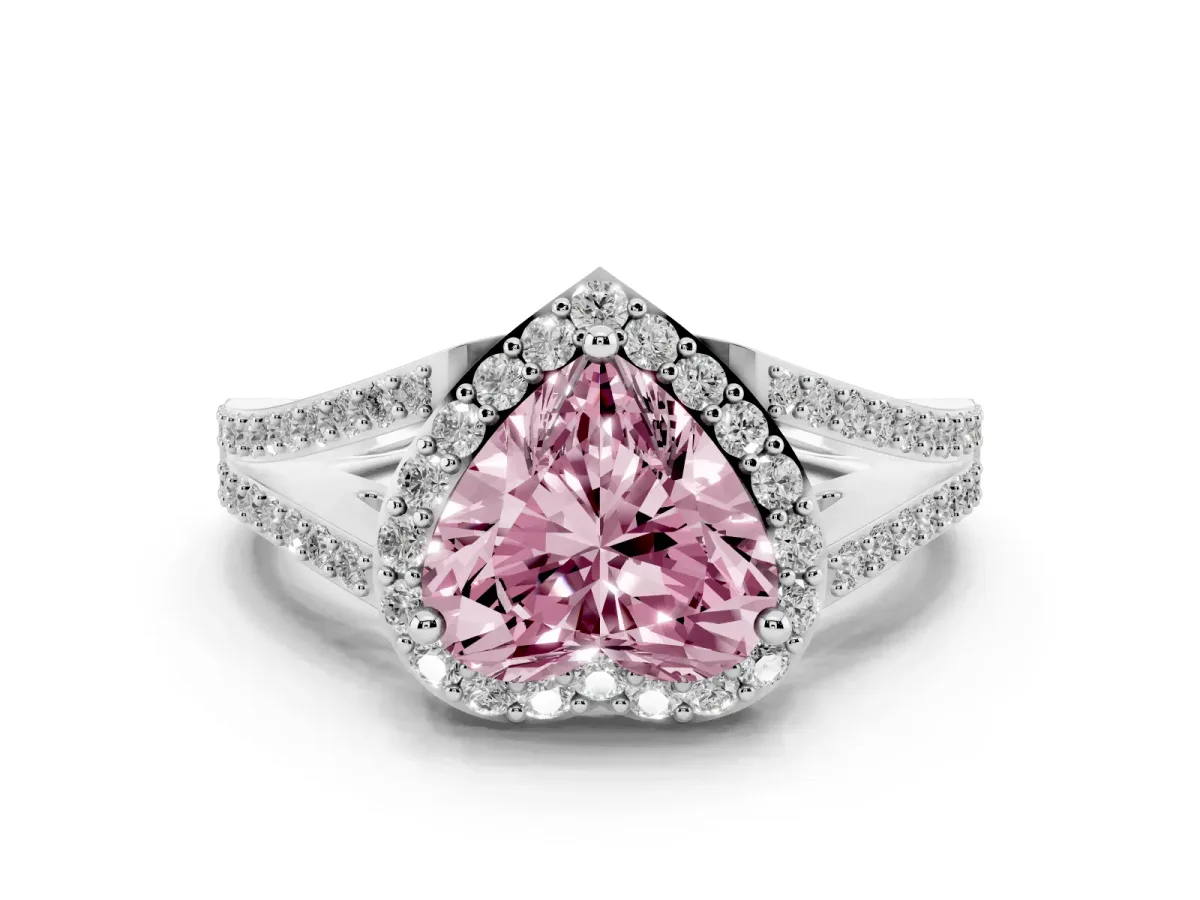 Fancy Pink Heart Cut Halo Split Shank Diamond Ring with Prong Setting Silver