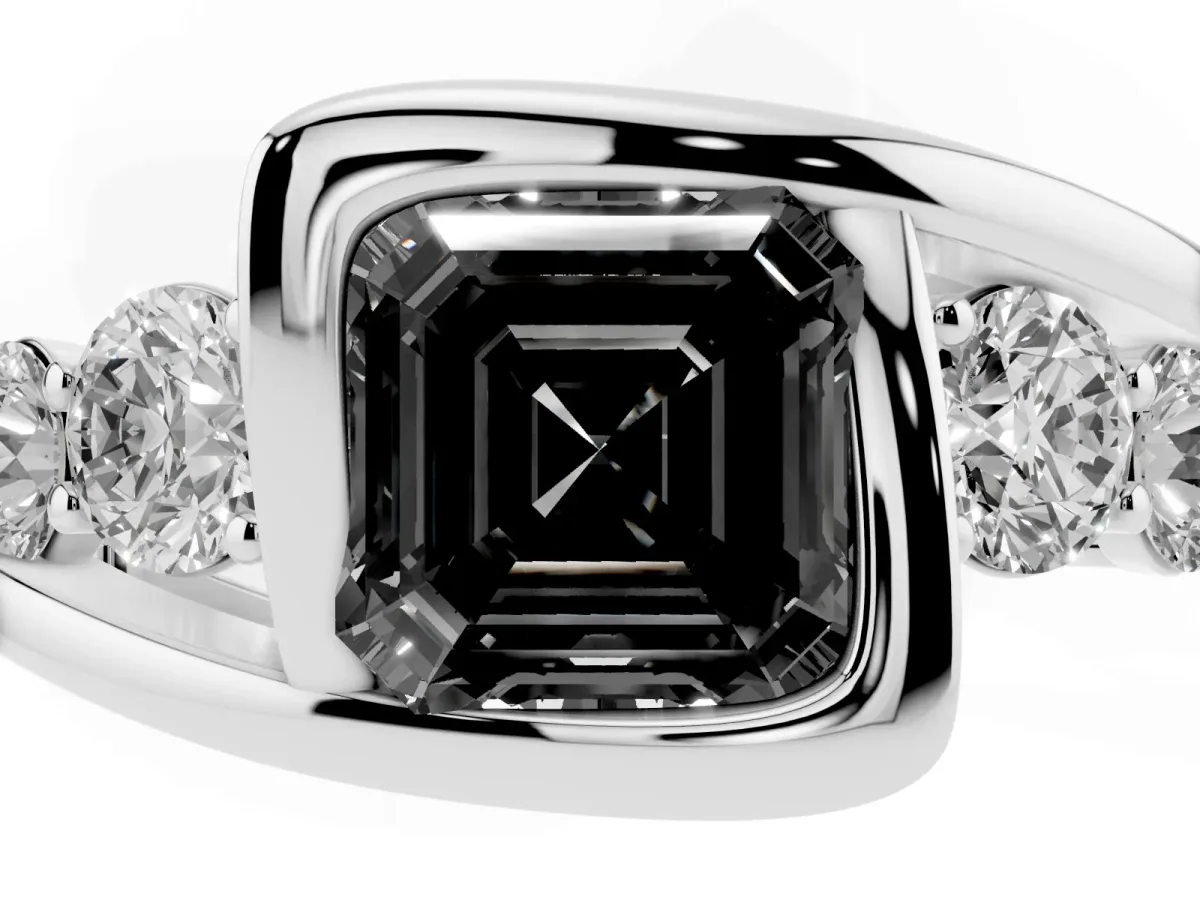 Fancy Black Bezel Set Asscher Cut Diamond Bypass Ring with Round Accents Silver